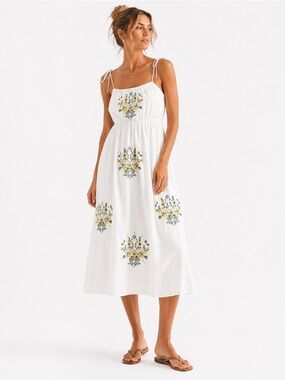 Kirious Los Angeles Embroidered Boho Cottagecore Tie Strap Midi Dress XL NEW